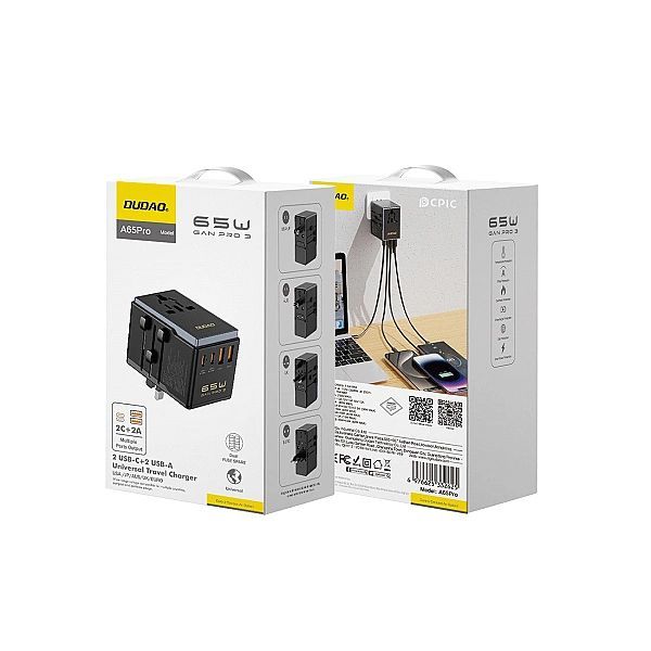 Adapter podróżny Dudao A65Pro 65w Eu / Us / Jp / Aus / Uk 2x Usb-c 2x