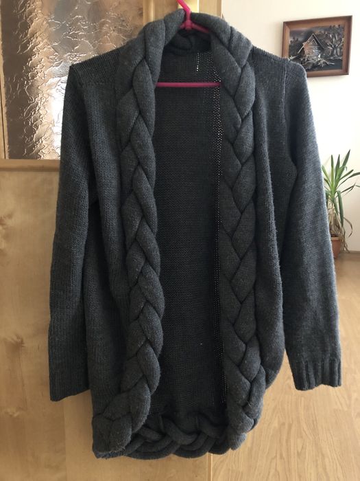 Sweter szary kardigan warkocz M