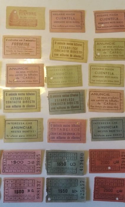 Bilhetes de transporte Antigos CP, LT, CFL, Carris com publicidade