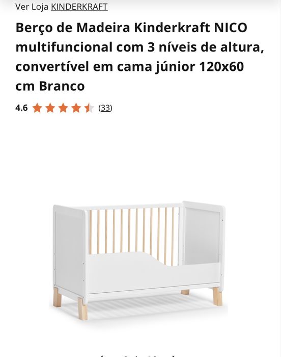 Berço de Madeira Kinderkraft NICO multifuncional com 3 níveis de altura, convertível em cama júnior 120x60