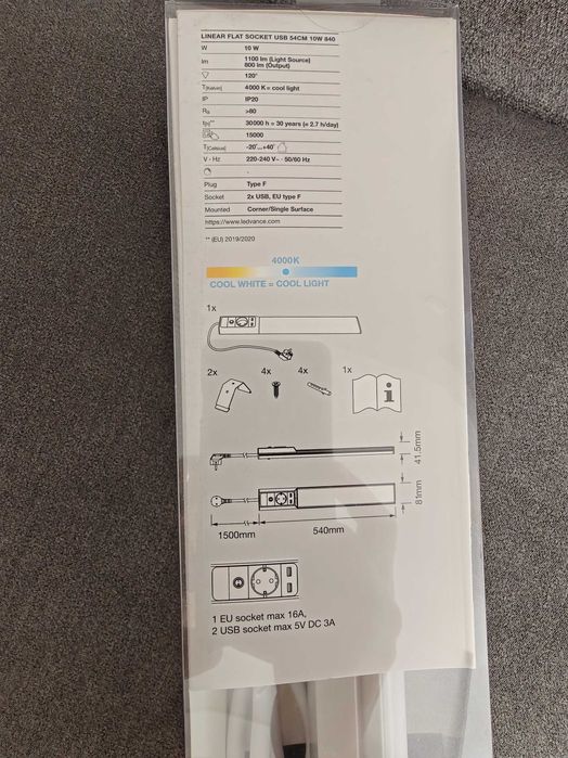 Lampa LED podszafkowa Ledvance Linear Flat Socket 10W 1100 lm 2x USB gniazdko 4000K