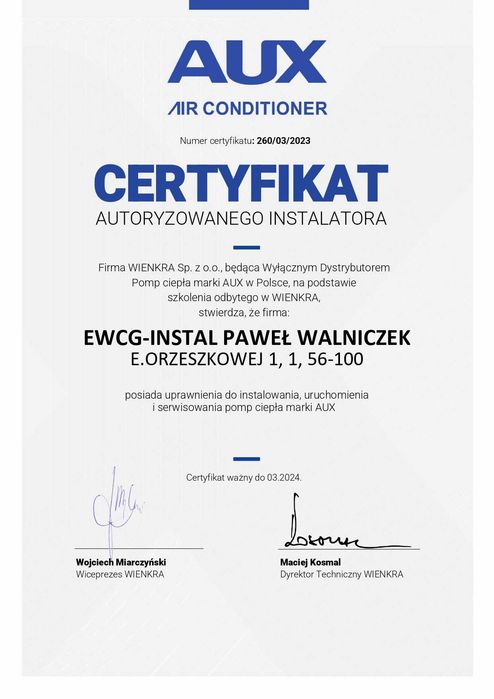 Pompa ciepła AUX  10 kW  Wołów, Brzeg Dolny ,Wińsko