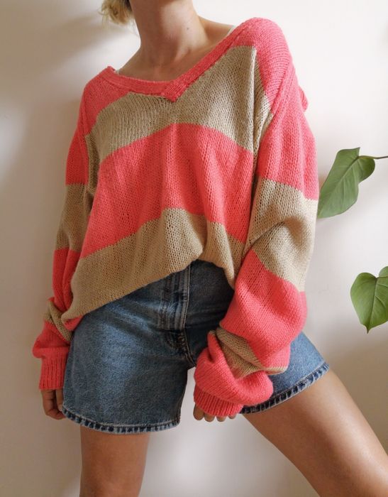 Neonowy sweter w pasy oversize 90s boho handmade