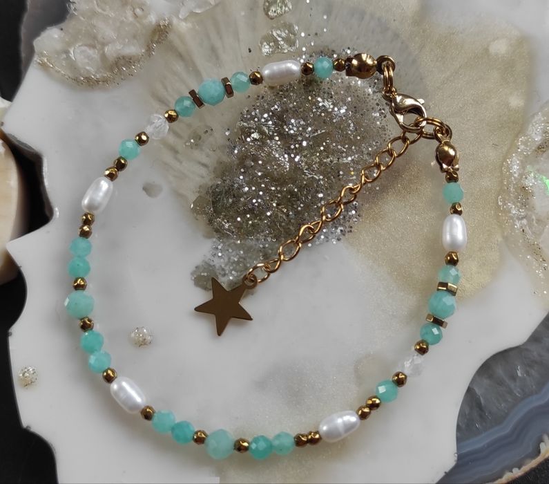 Bransoletka kamienie naturalne Amazonit / Kryształ górski/ Perła