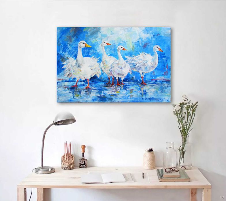 Super prezent! Gęsi w deszczu. Oryginalny obraz Akryl, płótno, 90x60cm