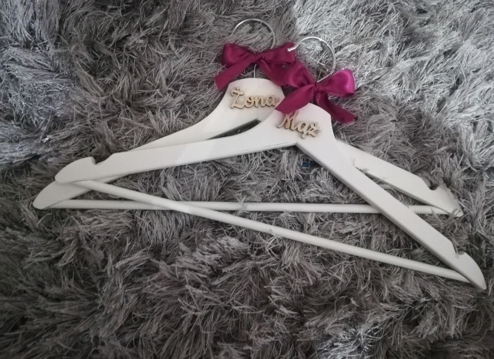 Zestaw wieszaków ślubnych, drewniane, białe, mąż, żona, nowe