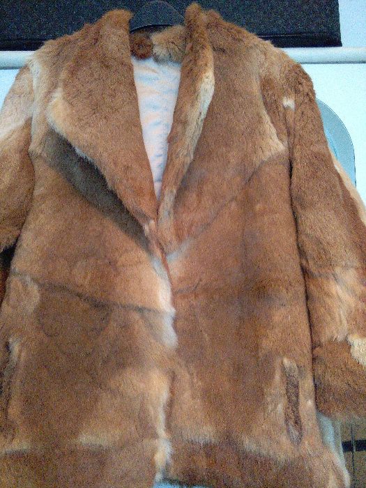 Red Genuine New Zealand Rabbit Fur Coat, Size XL