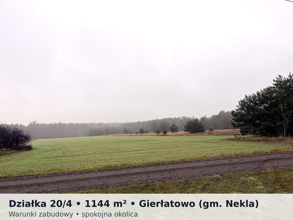 Działka budowlana 1144 m², WZ, media w drodze – Gierłatowo
