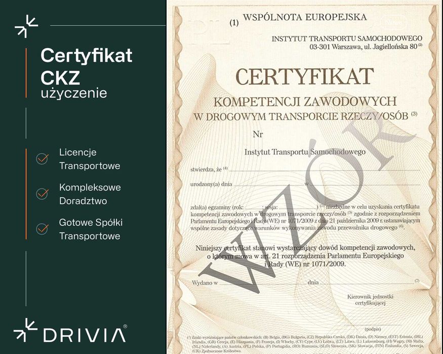 Certyfikat Kompetencji Zawodowych - Użyczenie / Uzyskanie Licencji