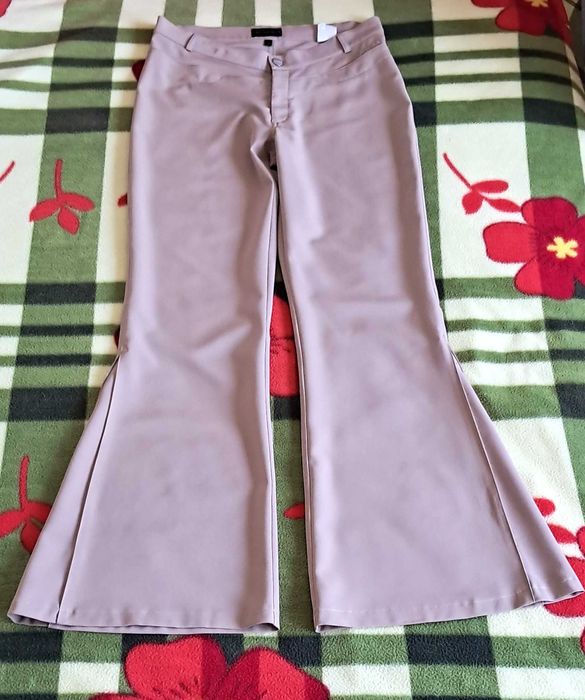 Beżowe spodnie dzwony wide szerokie dark akademia L