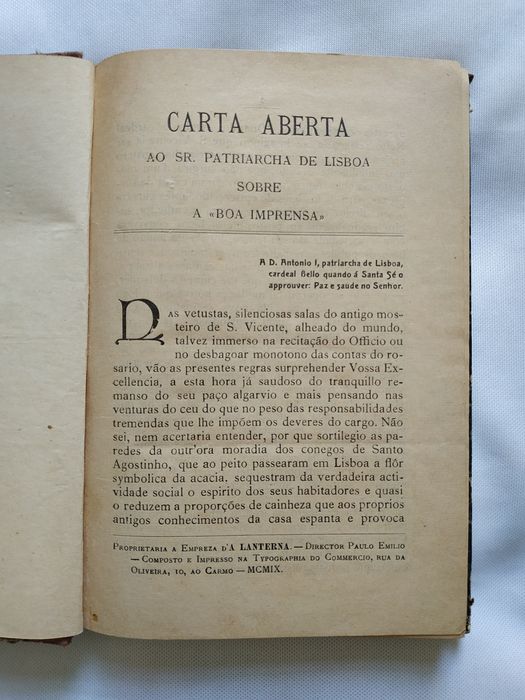 Livro Carta Aberta ao Sr Patriarcha de Lisboa  sobre a boa Imprensa de 1910