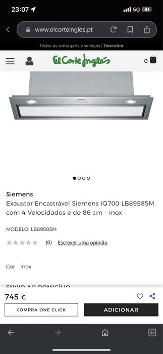 Exaustor de  Encastrar Siemens iQ700 LB89585M com 4 Velocidades e de 86 cm - Inox ( novo)