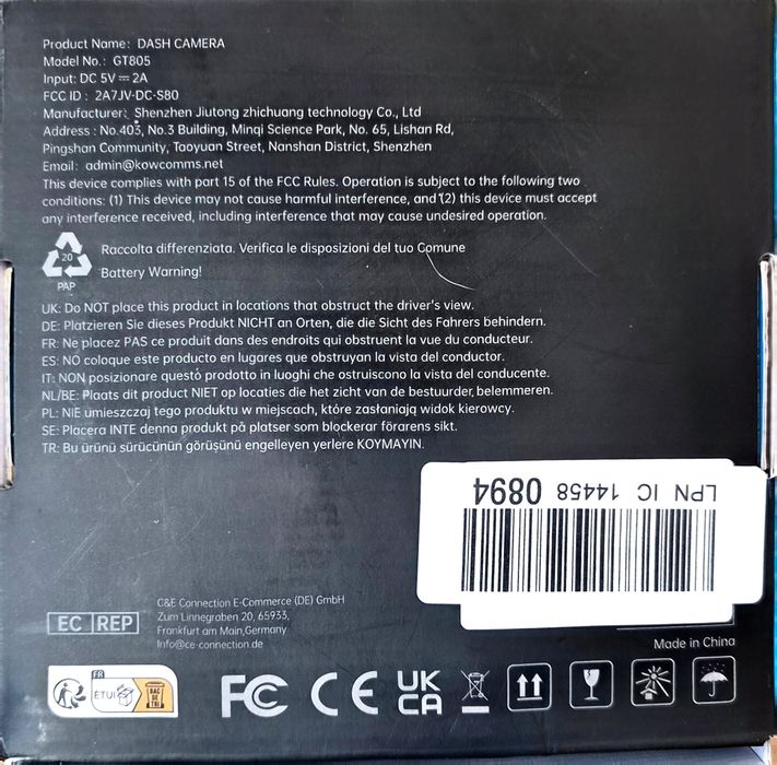 Wideorejestrator samochodowy GT805 4K