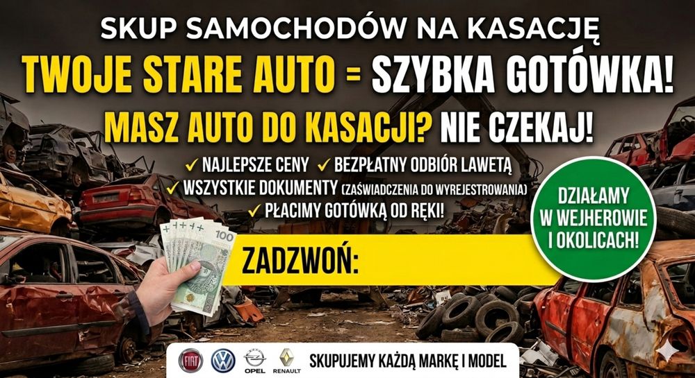 Kasacja złomowanie pojazdów skup aut Puck  Władysławowo Hel