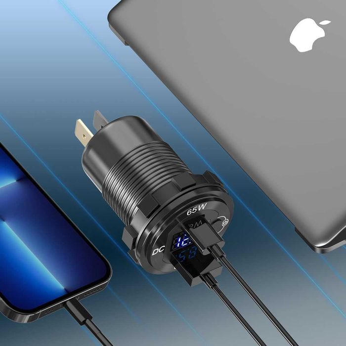 Быстрая USB Type-C 65W зарядка в машину Вольтметр Амперметр 12-24В