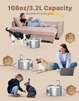 Фонтан поїлка Aonboy S3-SC з нержавіючої сталі для котів, собак, 3,2 л