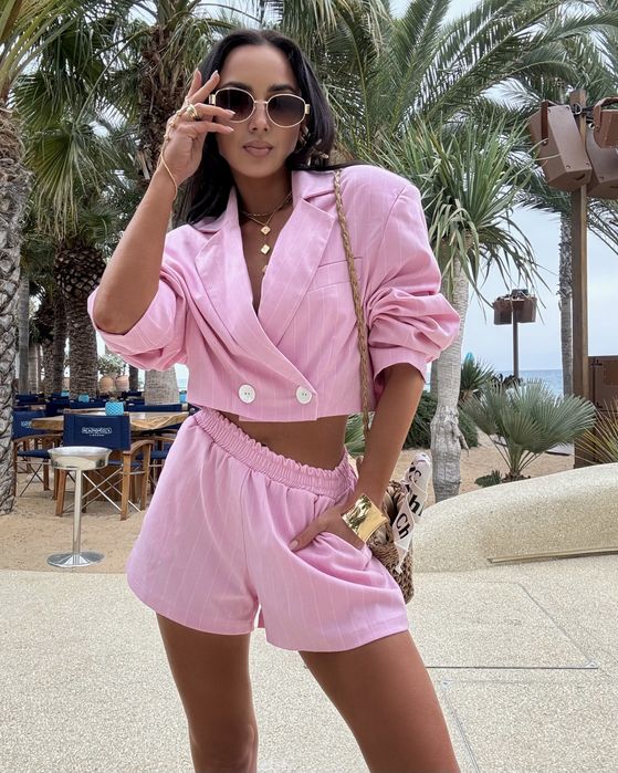 Komplet Marynarka Spodenki jasny róż paseczki LaMilla M