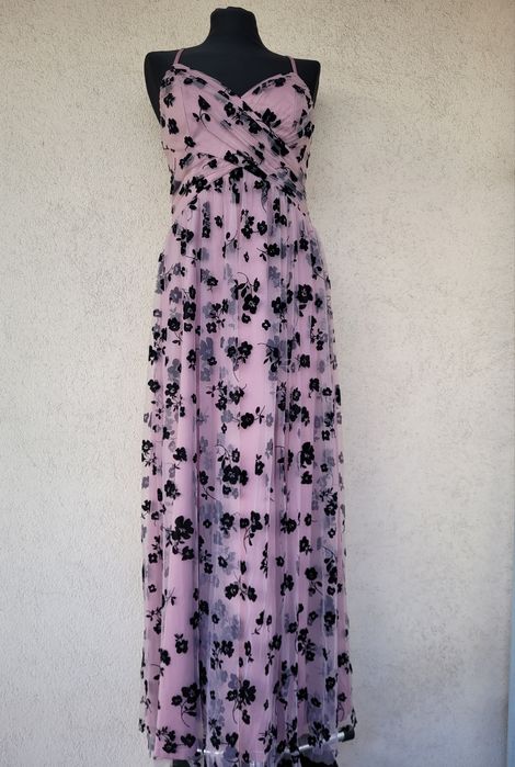 Sukienka długa elegancka tiulowa w kwiaty różowa na wesele dla druhny