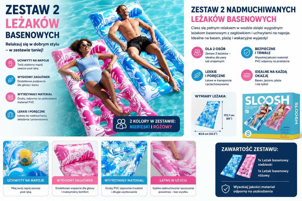 Materac dmuchany Komplet dla 2 osób Różowy i Niebieski
