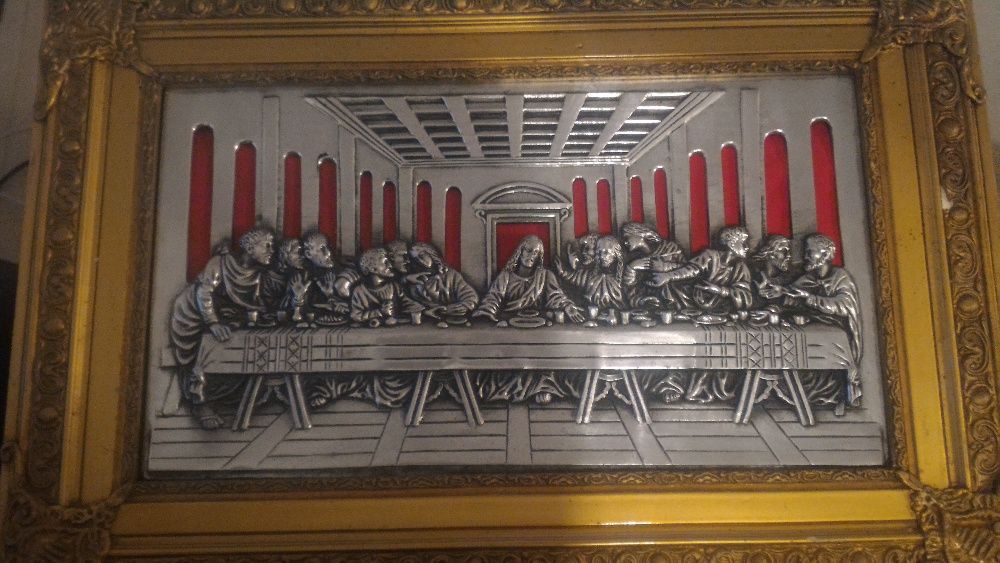Quadro "Ultima Ceia de Cristo" em prata e talha dourada