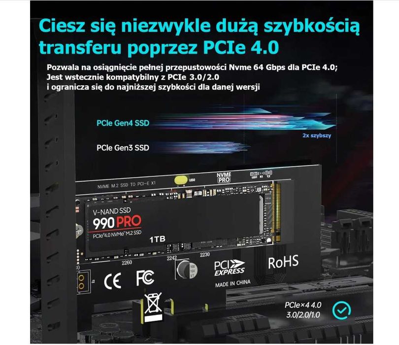 Przejściówka Adapter dysku M2 NVMe do PCIe 4.0 x1 Jeyi
