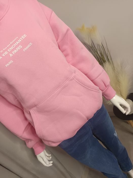 Bluza damska oversize z kapturem kieszeń kangurka pudrowy róż