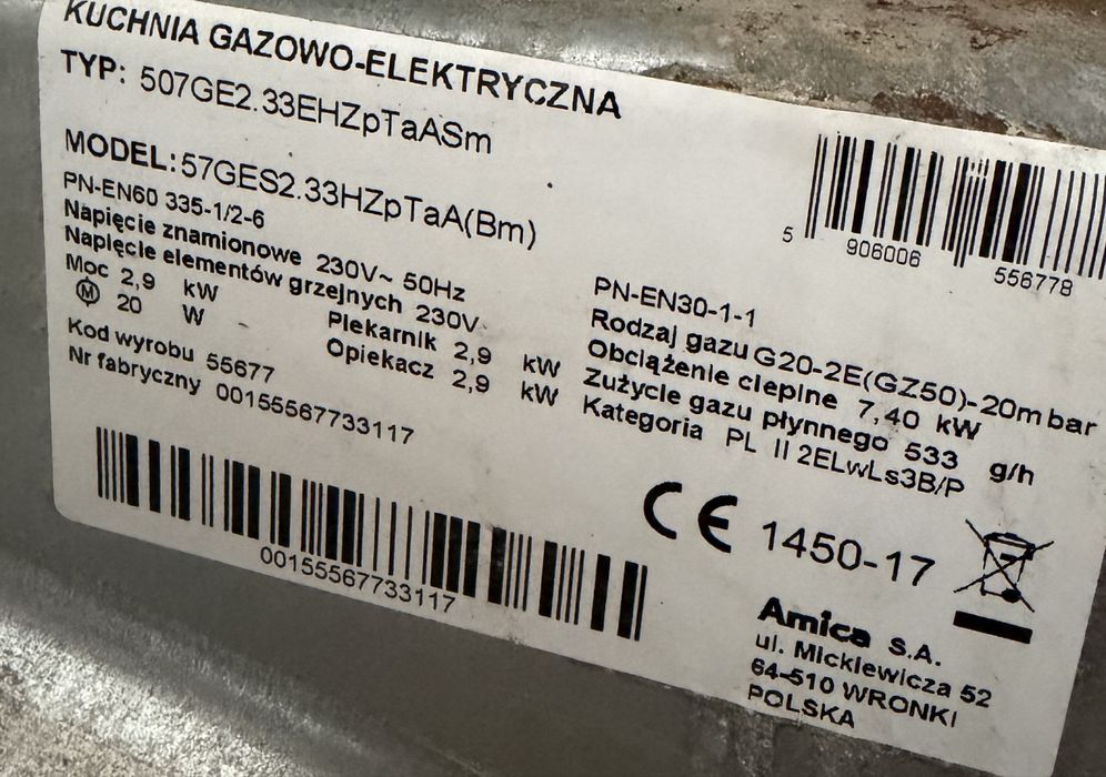 Kuchenka gazowo elektryczna Amica