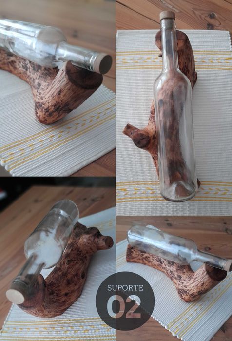 Suporte garrafa em madeira e raízes trabalhadas (trabalho artesanal)