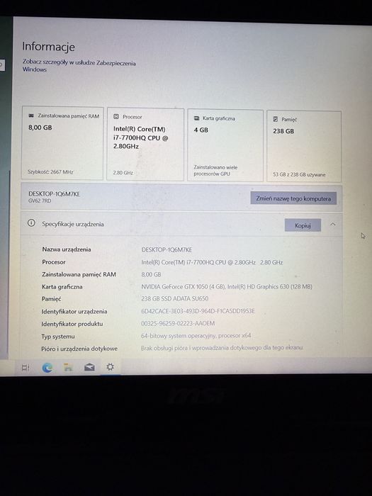 Laptop MSi ms-16J9 GTX 1050