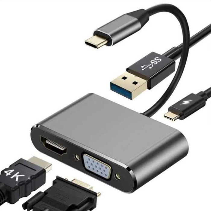 Перехідник 4K USB-C HUB PD+HDMI+VGA+USB adapter 4 in 1