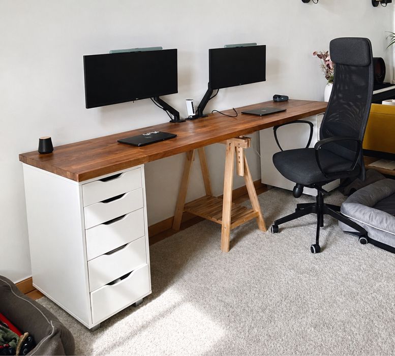Secretária grande IKEA 255cm | Tampo madeira + 2 gaveteiros | Escritório duplo