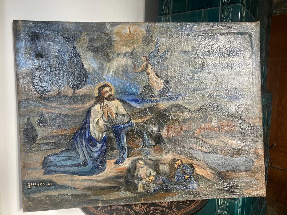 Barokowy obraz, sztuka naiwna, Jezus w Ogrodzie Oliwnym, z ok. 1840r.