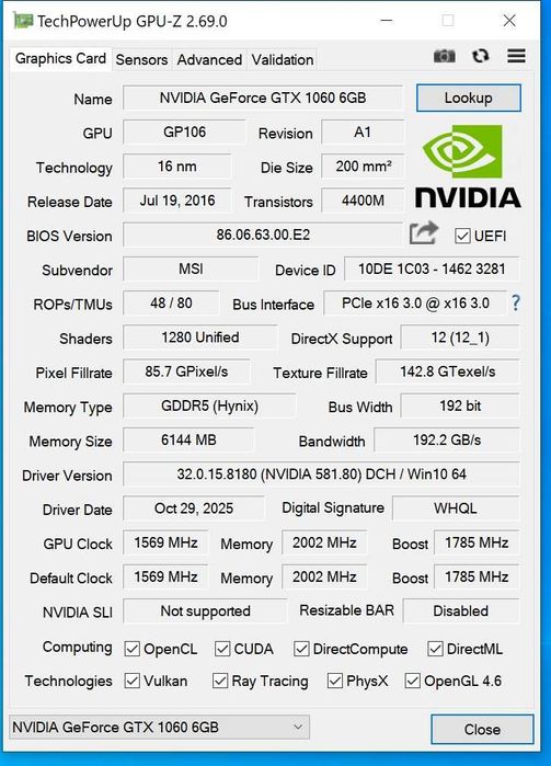 msi nvidia gtx1060 6gb