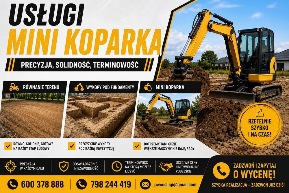 Usługi mini koparka, szamba, fundamenty, przyłącza