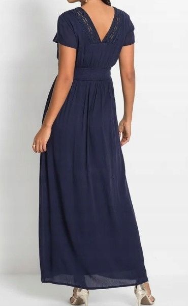 B.P.C granatowa sukienka z wiskozy z koronką długa r.42