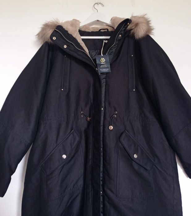 Czarna kurtka zimowa parka Next ,przedłużany płaszczyk rainwear rozmiar 46