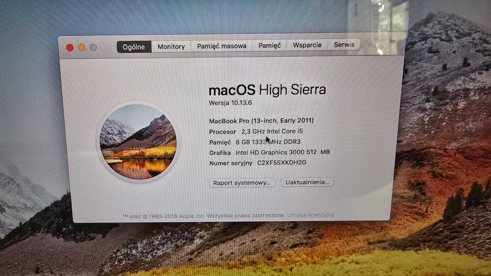 MacBook Pro 13 Early 2011 | A1278 | 8 GB RAM, SSD, macOS High Sierra | Bardzo dobry stan | Gratis