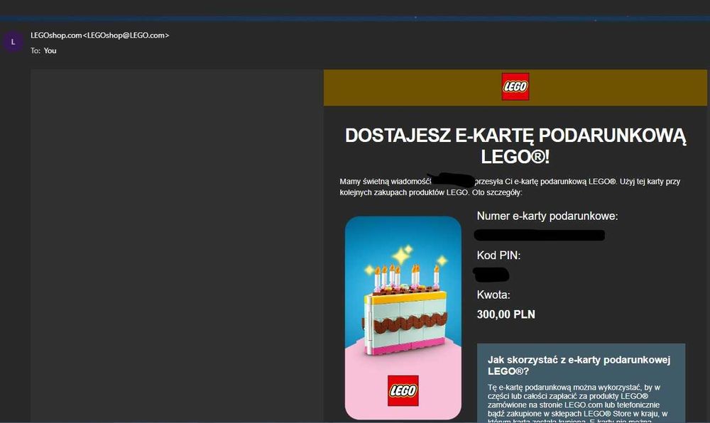 Karta podarunkowa / e-karta LEGO – 300zł