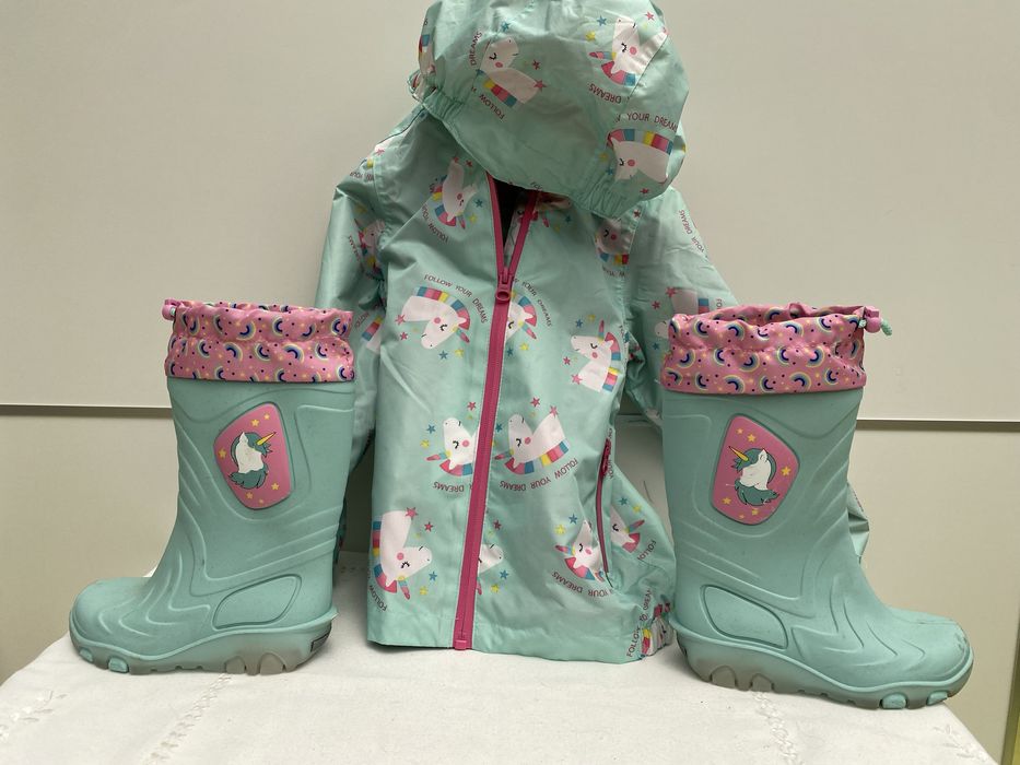 Conjunto de chuva unicornio 3-5 anos botas e casaco impermeaveis