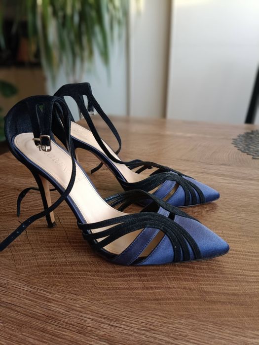 Szpilki j.Crew r.37 wieczorowe kobaltowe atłasowe skóra