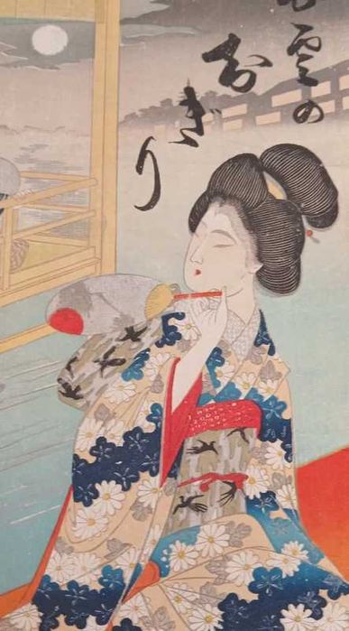 Xilogravura japonesa original representando uma composição com gueixa.