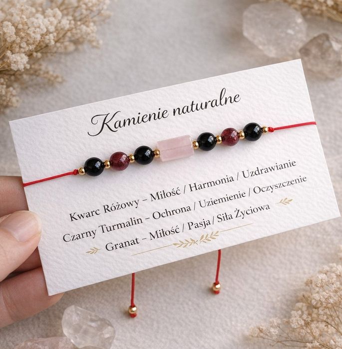 Bransoletka regulowana kamienie naturalne Czarny Turmalin Granat Kwarc Różowy