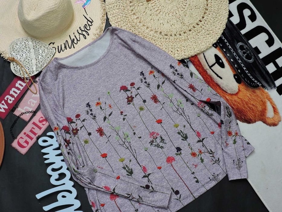 Fashion szara bluzka łąka kwiaty L