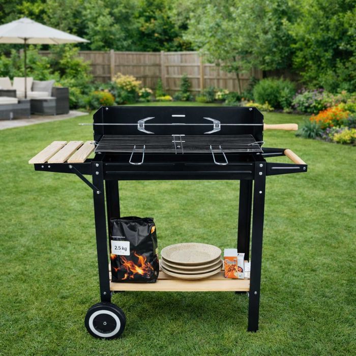 GRILL Węglowy Ogrodowy Na Kółkach Regulowany Rożen BBQ Ruszt 50 x 24cm