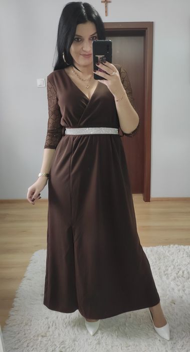 Sukienka długa maxi czekoladowa z paskiem wesele impreza