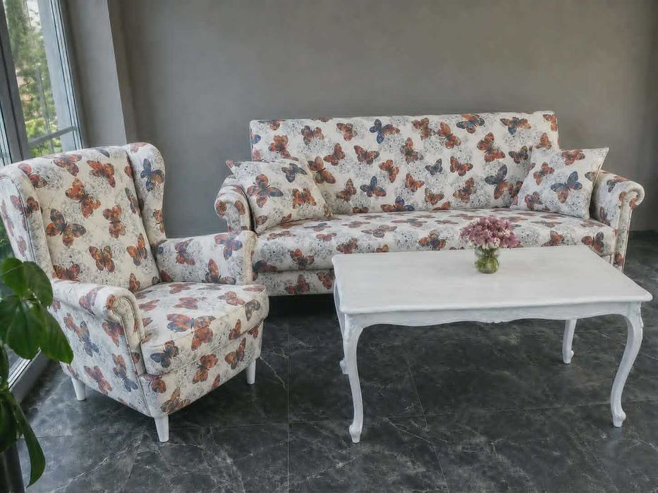 Sofa rozkładana z Fotelem Uszak Kanapa z funkcją spania Zestaw mebli Kwiaty