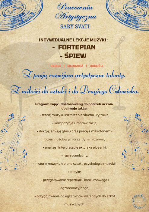Pracownia Artystyczna Sary Svati - fortepian (pianino), śpiew