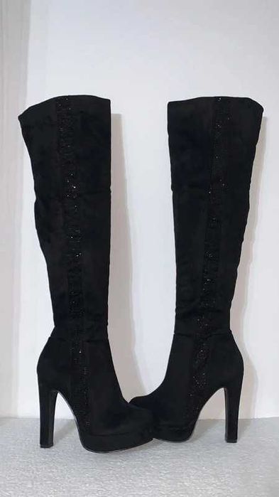 sexy czarne kozaki platforma diamenciki cyrkonie 38