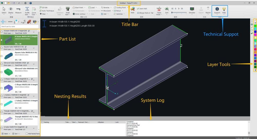 TubesT Software CAD CAM 3D cięcie rur i profili Nesting H-beam FlyCut ...