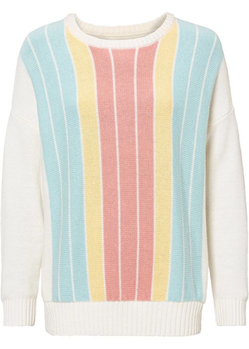 B.P.C sweter ecru w kolorowe pionowe paski 48/50.